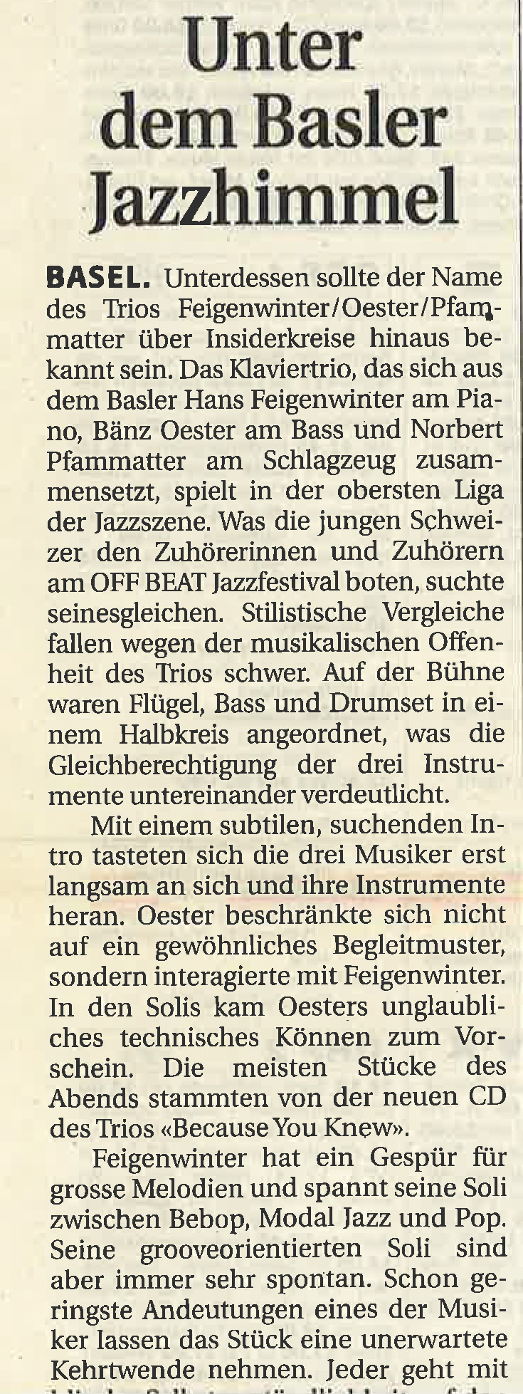 Hans Feigenwinter, Bänz Öster, Norbert Pfammatter – Review