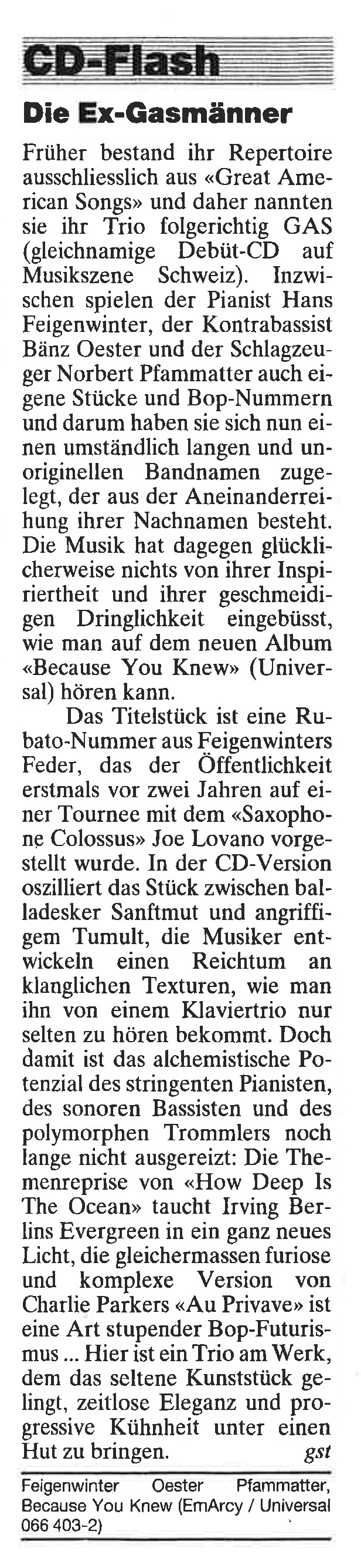 Hans Feigenwinter, Bänz Öster, Norbert Pfammatter – Review